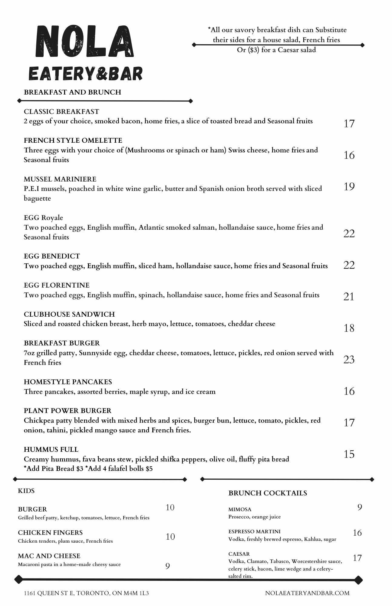 NOlA BRUNCH MENU OPEN FRIDAY SAT AND SUNDAY